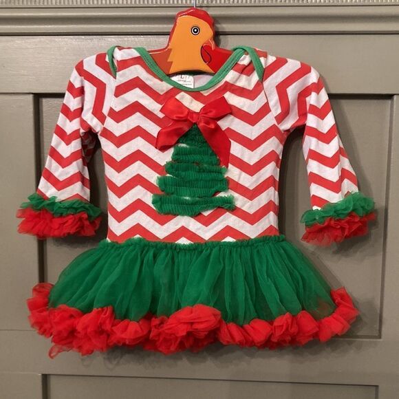 BABY Girl Infant Christmas Tree Elf Tutu Dress Chevron Tulle Red & Green - Picture 1 of 7